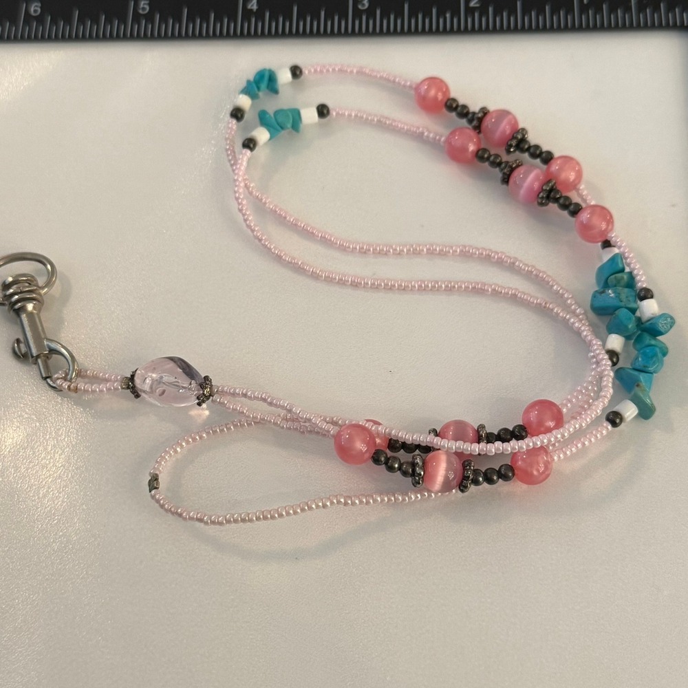 Beaded Lanyard Necklace Pink Turquoise Colored‎ Charm Clip